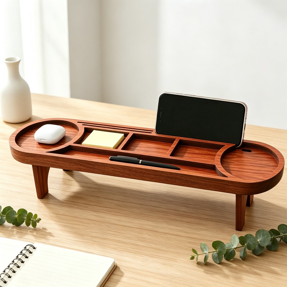 Office Tech Accessories - 木製デスクオーガナイザー 電話スタンド付き 多機能デスクトップ収納ラック オフィス/家庭用 文房具 ペンホルダー