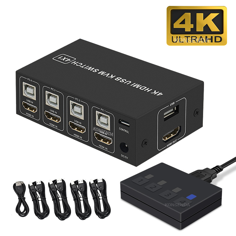 Hdmi Matrix Switch - 4k hdmi kvmスイッチ,4 in 1,60hz,hdmi,usb kvm,スイッチャー,4x1,デスクトップコントローラー付きキーボード用